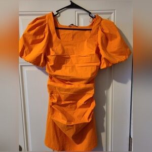 Zara orange puff sleeve mini dress S NWT